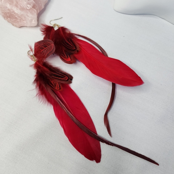 Boho Long Red Real Feather Earrings - Picture 1 of 6